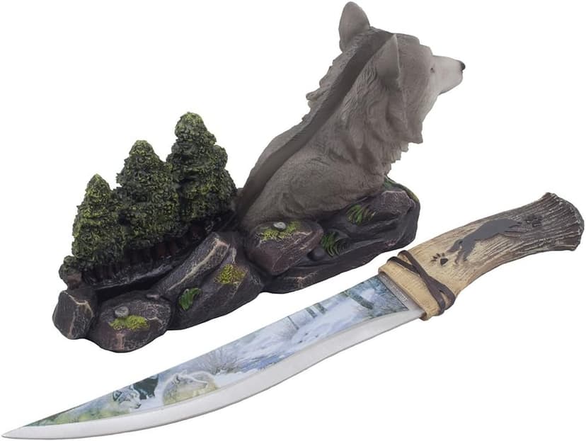 Home 'n Gifts Decorative Gray Wolf Hunting Knife on Display Stand with Stainless Steel Blade for Rustic Cabin & Lodge Decor As Shelf, Mantel or Desk Decorations or Gifts for Hunters and Outdoorsmen