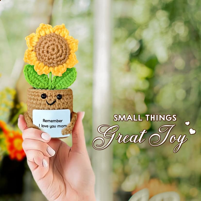 Mini Sunflower Mom Gifts from Daughter Son Kid, Handmade Crochet Mothers Day Christmas Birthday Gift with Card, Remember I Love You Mom, Positive Emotional Present, Cute Small Stuff Things