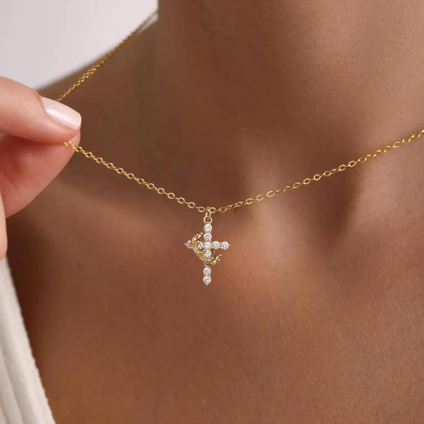 Upgraded Crown Cross Necklace for Women,14K Gold Plated & Silver Plated Crown Cross Pendant Necklace Diamond Cross Necklaces Faith Cross Jewelry First Communion Gifts, 12-Color Birthstone Necklaces for Women