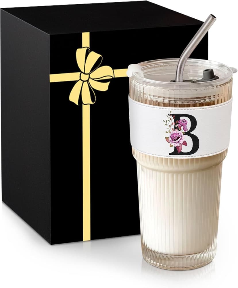 Alphabet Glass Cup with Lid Straw Ice Tea Ribbed Coffee Matcha Latte Clear Tumbler Cute Women Wife Wifey Girlfriend Gf Romantic Personalized Valentines Custom Funny Anniversary Special Day Gift B