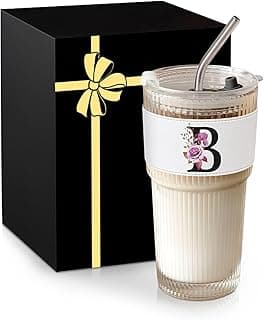 Alphabet Glass Cup with Lid Straw Ice Tea Ribbed Coffee Matcha Latte Clear Tumbler Cute Women Wife Wifey Girlfriend Gf Romantic Personalized Valentines Custom Funny Anniversary Special Day Gift B