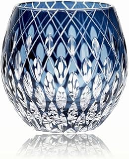 JINZHI Japanese Style EDO Kiriko Whiskey Glasses 11OZ Unique Shape Colored Hand Carved Glass Tumbler for Bourbon Lovers - Style Glassware for Rum - Rocks glasses in Gift Box (Blue)