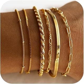 DEARMAY Gold Bracelets for Women Waterproof, 14K Real Gold Jewelry Sets Trendy Thin Dainty Stackable Cuban Link Paperclip Chain Bracelet Pack Fashion Accessories Gifts for Womens