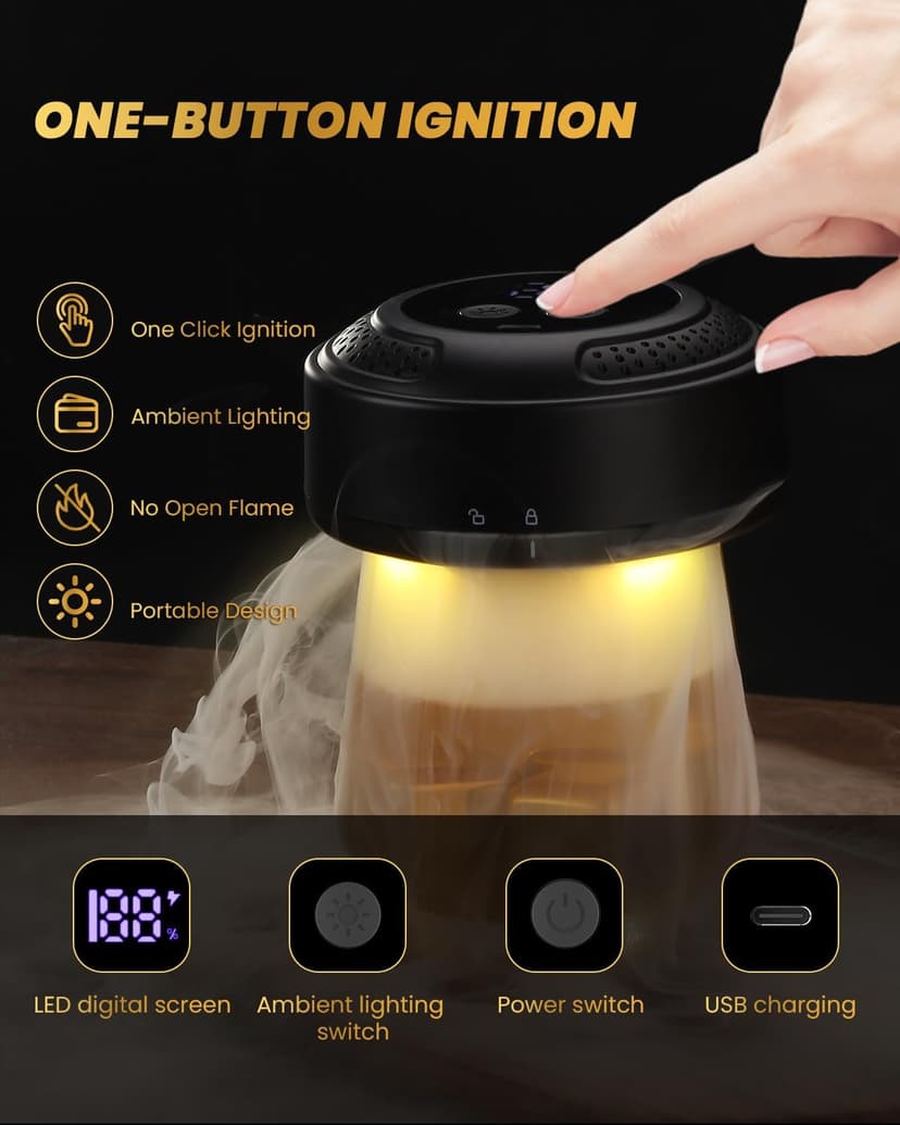 Electric Whiskey Smoker Kit, CHERRYQUEEN Old Fashioned Smoker Kit, Built-in Lighter & Ambient Light, 4 Reusable Ice Cubes 6 Wood Chips, Gifts for Men Dad Husband Whiskey Lovers (Birthday/Christmas)