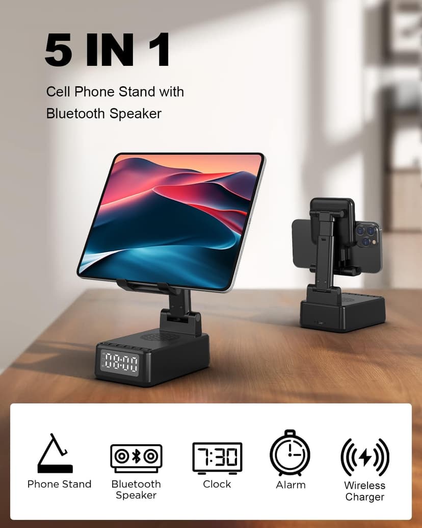Birthday Gifts for Men Women,6-in-1 Cell Phone Stand Holder with Wireless Bluetooth Speaker & Wireless Charger,Alarm Clock for iPhone,HD Surround Sound Portable Bluetooth Speaker Gifts for Him Her