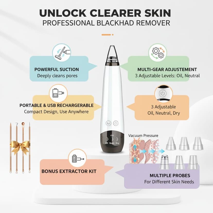 2026 Pore Vacuum, USB Rechargeable Blackhead Remover Vacuum,3 Levels Adjustable Pore Vacuum Blackhead Remover, with 6 Suction Power Probe,4 Golden Needle face Vacuum Pore Cleanser Kit-White