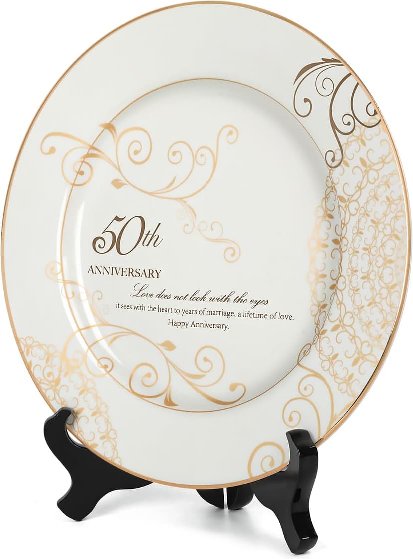 50th Anniversary Wedding Gifts for Couples Parents - 50 Year Marriage Plate with 24k Gold Foil, Golden Keepsake Gift, Ceramic 9 inch