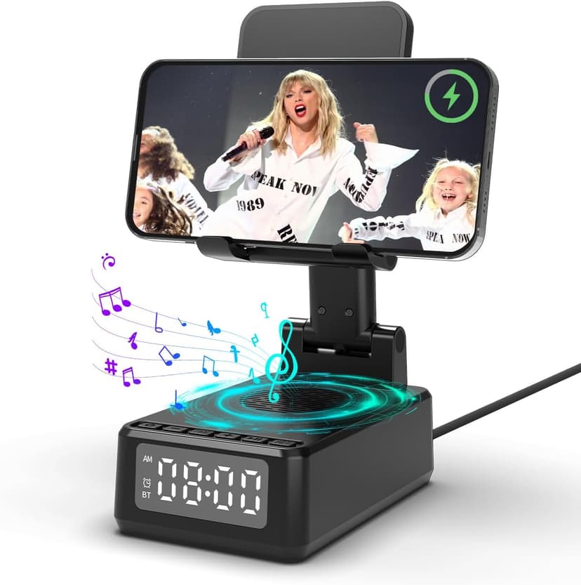 Birthday Gifts for Men Women,6-in-1 Cell Phone Stand Holder with Wireless Bluetooth Speaker & Wireless Charger,Alarm Clock for iPhone,HD Surround Sound Portable Bluetooth Speaker Gifts for Him Her