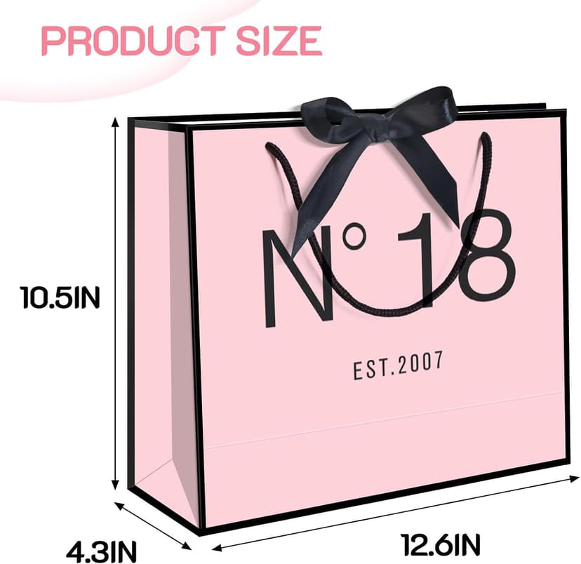 18th Birthday Gift Bag with Card Envelope Sticker Bow Ribbon and Tissue papers for Women Girls N°18 EST.2007 Design with Handles,for Celebrating 2007 18th Birthday Anniversary 13" (EST.2007 18th)