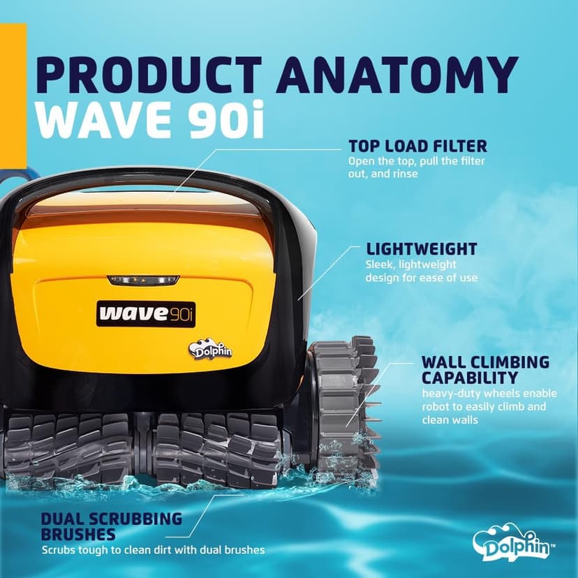 Dolphin Wave 90i Wi-Fi Automatic Robotic Pool Vacuum Cleaner Includes Caddy, Wall Climbing Scrubber Brush, Top Load Filters, Ideal for Commercial Pools up to 78 FT in Length