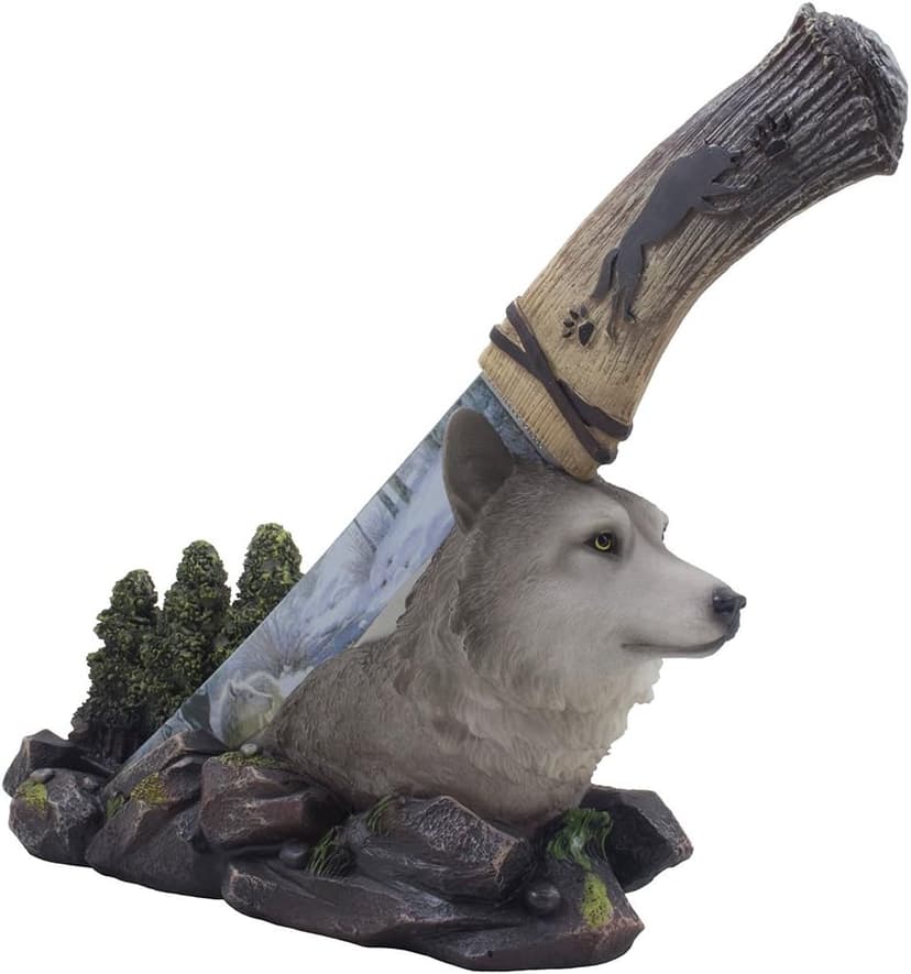 Home 'n Gifts Decorative Gray Wolf Hunting Knife on Display Stand with Stainless Steel Blade for Rustic Cabin & Lodge Decor As Shelf, Mantel or Desk Decorations or Gifts for Hunters and Outdoorsmen