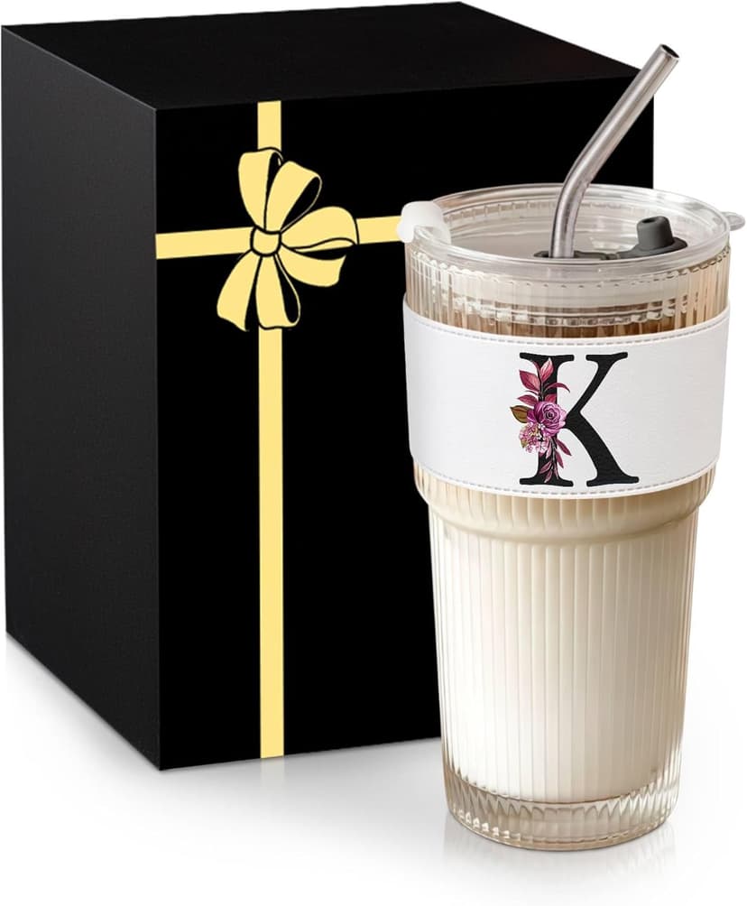 Initial Glass Cup with Lid Straw Ribbed Ice Tea Clear Tumbler Her Sister Coffee Matcha Latte Girlfriend Gf Aunt Best Friend Friendship Bestie Wife Cute Asthetic Unique Birthday Personalized Gift K