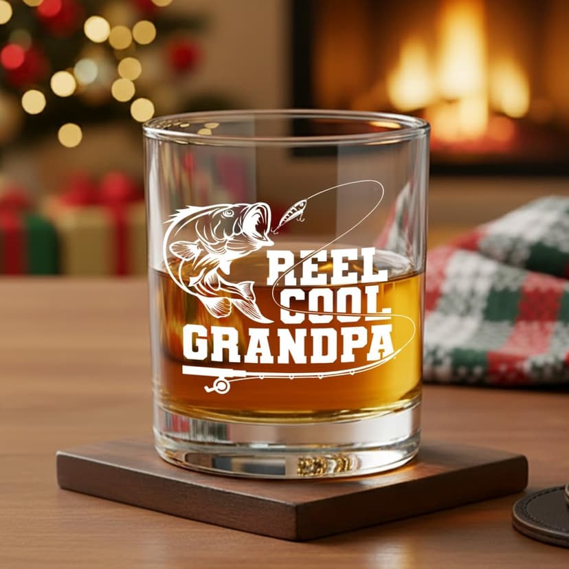 Cool Fishing Gifts for Grandpa,Man,Father in-law,Brother-in-law,Reel Cool Grandpa Whiskey Glass,Christmas,Thanksgiving,Birthday,Fathers Day Grandfarther Gift,Fisherman Gifts for Friends-wh23