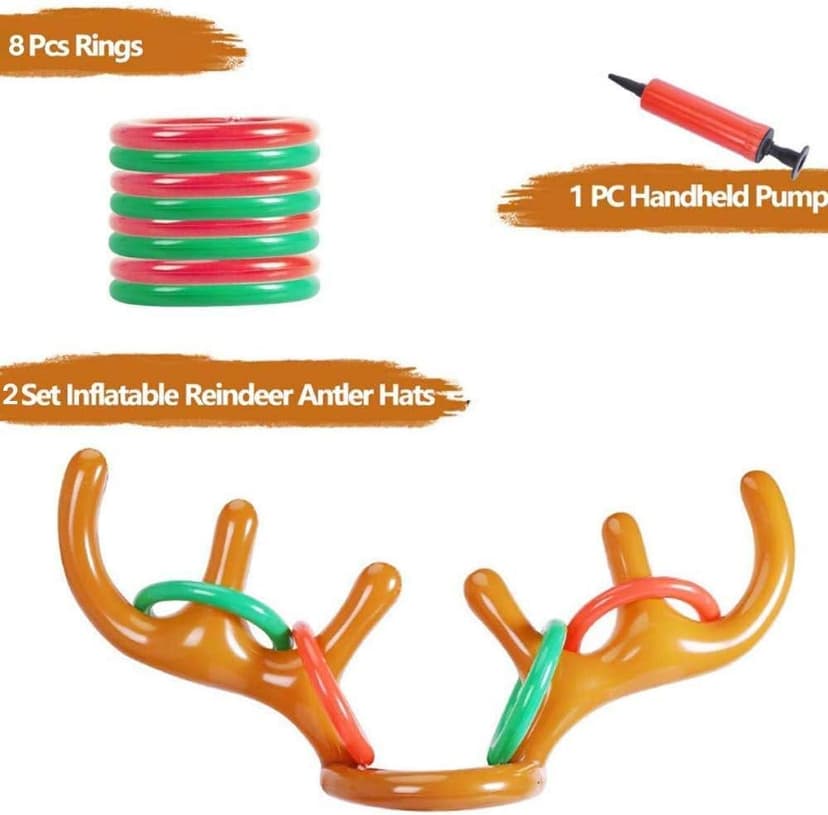 2PCS Christmas Party Toss Game Inflatable Reindeer Antler Hat with Rings for Kids Adults Family Xmas Fun Games(1 Pump，8 Rings, 2 Antlers)