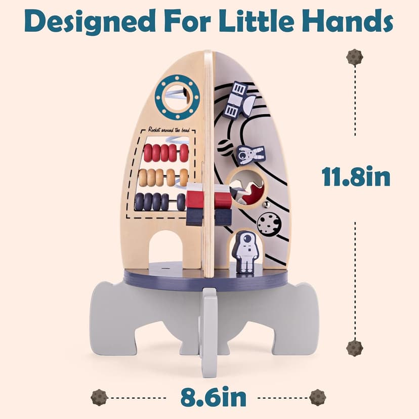 Wdmiya Space Wooden Activity Cube Toys for Baby, Montessoritoys for 1 Year Old Boy & Girl Birthday Gifts, Sensory and Educational 1st Birthday Gifts, Busy Board Toys for Baby Boy 6-18 Months (Rocket)