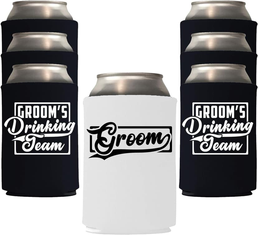 Veracco Groom's Drinking Team Can Coolie Holder Bachelor Party Wedding Favors Gift For Groomsmen Proposal (12, Wht Groom, Blk DT)