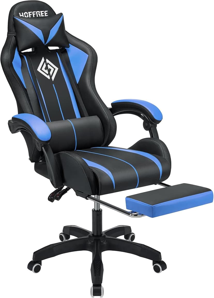 HOFFREE RGB Gaming Chair with Speakers Massage Computer Gaming Chair with LED Lights and Footrest High Back Video Game Chair for Adults Blue and Black