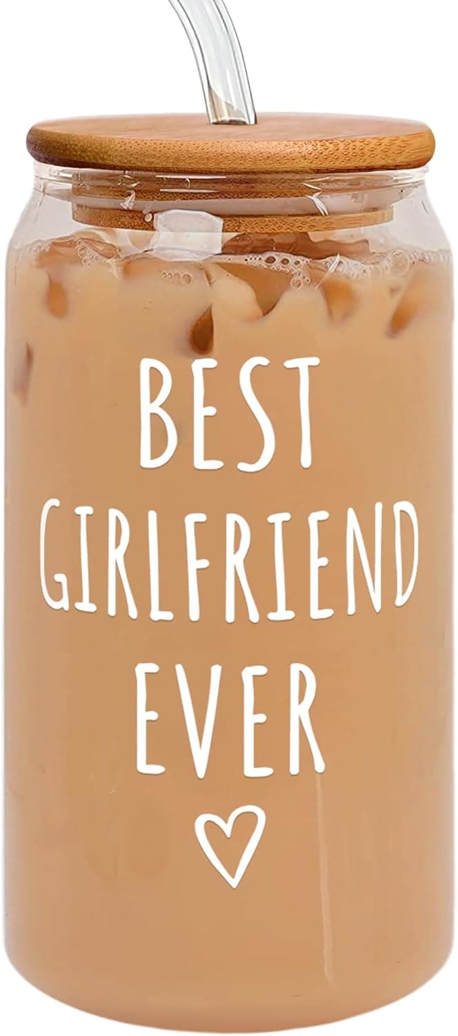 Gifts for Girlfriend - Girlfriend Gifts for Women - Anniversary, Valentines, Birthday Cup for Her - Romantic Love Glass for Her - 16 Oz Can Glass with Lid, Straw & Brush