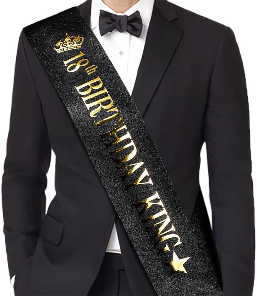 TOBATOBA 18th Birthday King Sash 18th Birthday Decorations for Boys, Gold Foil Black Satin Birthday Sash for Boys 18th Birthday Gift for Boys 18th Birthday Party Favors Decorations