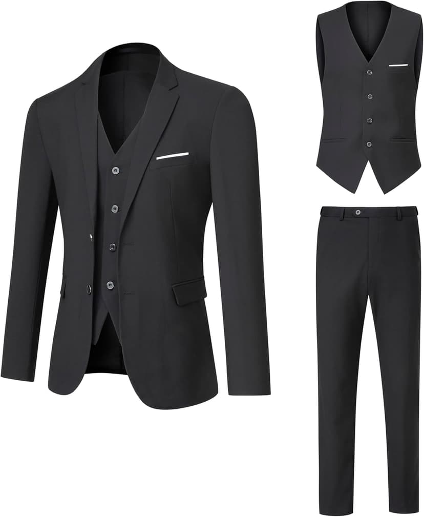 Men's Suit 3 Piece Slim Fit Suit Set, Two Button Solid Jacket Vest Pants with Tie, Men Tuxedo Suit Set