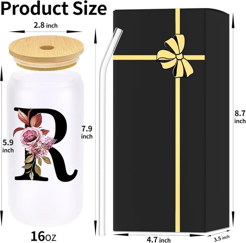 Monogrammed Glass Drinking Cup With Lid Straw Women Happy Birthday Christmas Xmas Day Holiday for Female Teacher Aunt Big Small Sister in Law Mother Stepmother Weding Groom Bride Officiant Gift,R