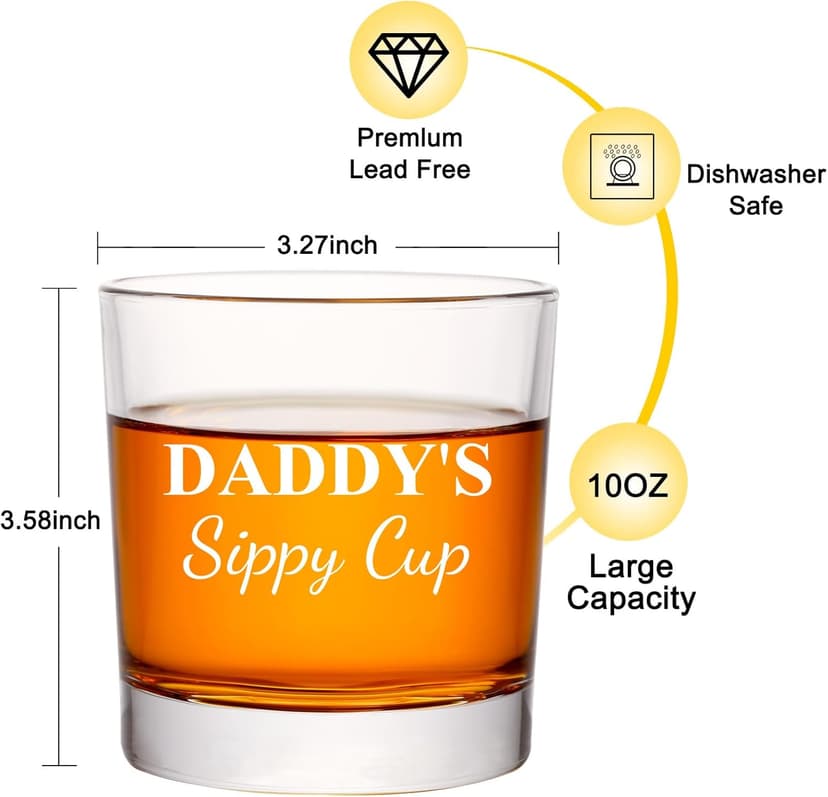 Daddy's Sippy Cup Whiskey Glass Set In Gift Box, Funny unique Gifts for New Dad, Father, Papa, Husband, Father's Day Gifts From Wife - 10 Oz Old Fashioned Glass & Ice Ball Mold & Coaster & Gift Card