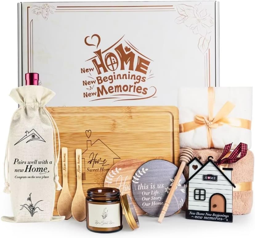 Synhonty New Home Gift Ideas Basket, 11 Pcs: Bamboo Serving Board, Wooden Decoration, Soy Candle, Towels & More - White