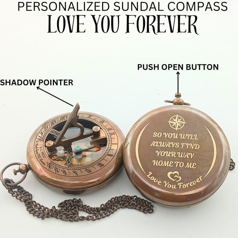 So You Can Always Find Your Way Back to Me - Personalized Sundial Compass - Luxury Gift - Anniversary Sundial Compass - Brass Compass Personalised Gifts for Men with Engraved Message, 3 inch