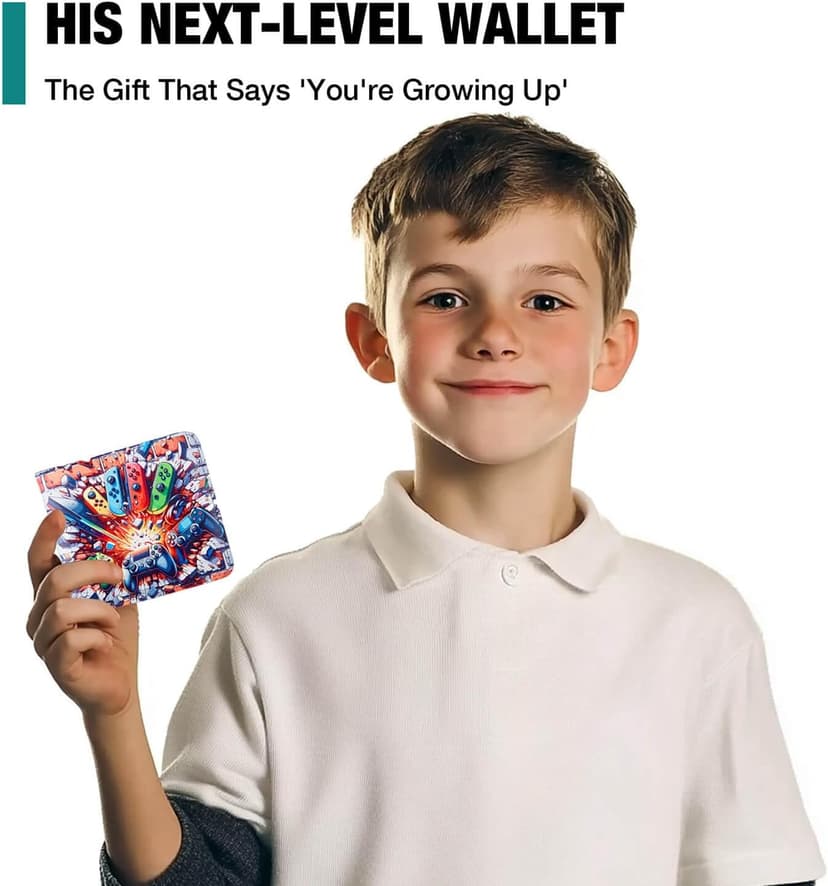 Kids Wallet for Boys, Boys Wallet for Kids Ages 4-5-6-7-8-9-10-11-12-13-14-15-16, Leather Wallet for Teen Boy, Christmas Birthday Gift Stocking Stuffer for Video Game Gaming Gamer Teenage Teenager