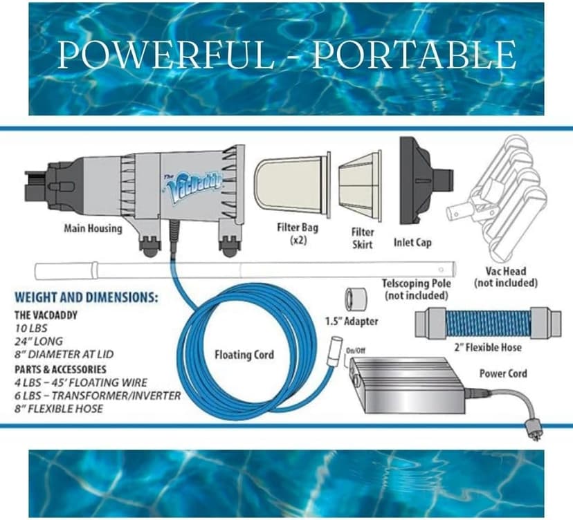The VacDaddy FAST & POWERFUL Handheld Portable Pool Vacuum NO BATTERY REQUIRED! Cleans pools faster & better. Heavy Duty Professional Power for Residential and Commercial Inground & Above Ground Pools