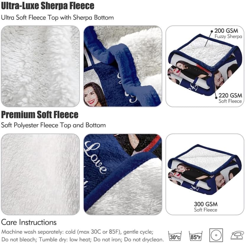 Sherpa Fleece Custom Photo Blanket - Soft, Warm, Personalized Couples Gifts for Boyfriend, Girlfriend - Customized Picture Blanket for Birthday, Christmas