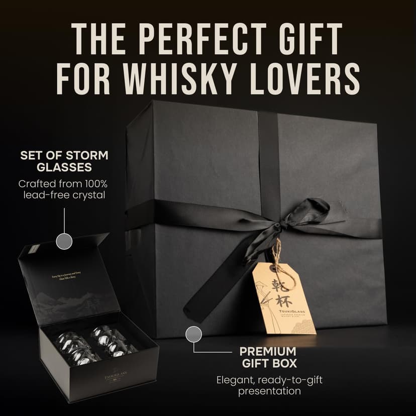 TSUKIGLASS® Storm Premium Japanese Crystal Whisky Glasses Set of 4 - Gift Ready Box, 100% Ultra Clarity Lead-Free Crystal, 10oz Tumblers for Bourbon, Scotch & Cocktails, Luxury Gift for Men