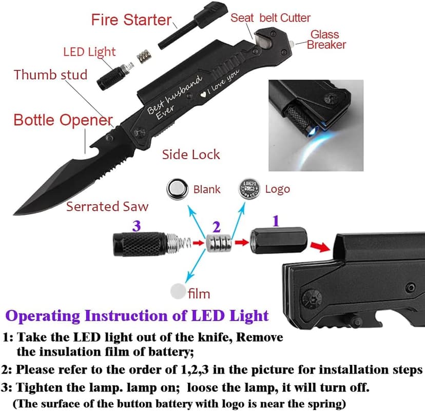Engraved Pocket Knife, Best Husband Ever, Pocket Knife for Men with 6 Functions, LED Light, Fire Starter, Bottle Opener, Seat Belt Cutter, Glass Breaker, Birthday Anniversary Present for Men Husband