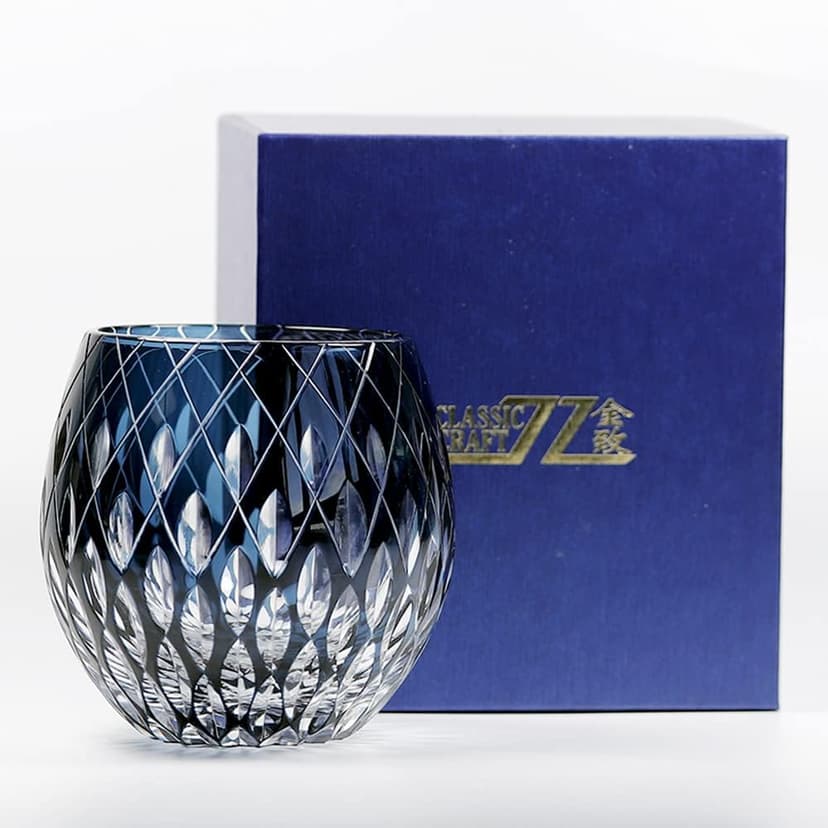 JINZHI Japanese Style EDO Kiriko Whiskey Glasses 11OZ Unique Shape Colored Hand Carved Glass Tumbler for Bourbon Lovers - Style Glassware for Rum - Rocks glasses in Gift Box (Blue)