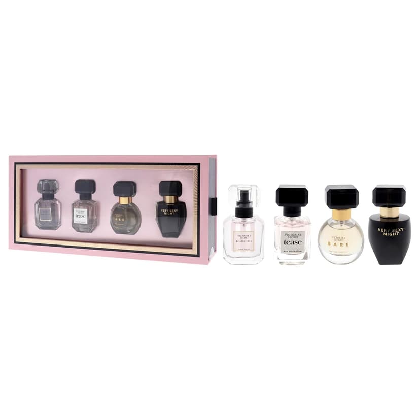 Victoria's Secret Fragrance Discovery Set for Women - 4 Pc Mini Gift Set with Bombshell, Tease, Bare, and Very Sexy Night EDP Sprays (0.25oz Each)