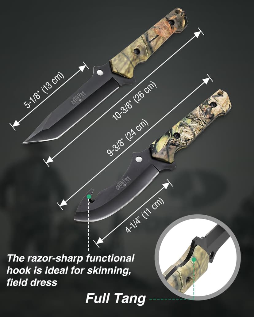 Mossy Oak Fixed Blade Hunting Knife Set - 2 Piece, Full Tang Handle Straight Edge and Gut Hook Blades Game Processing Knife, Sheath Included - Yellow Camo