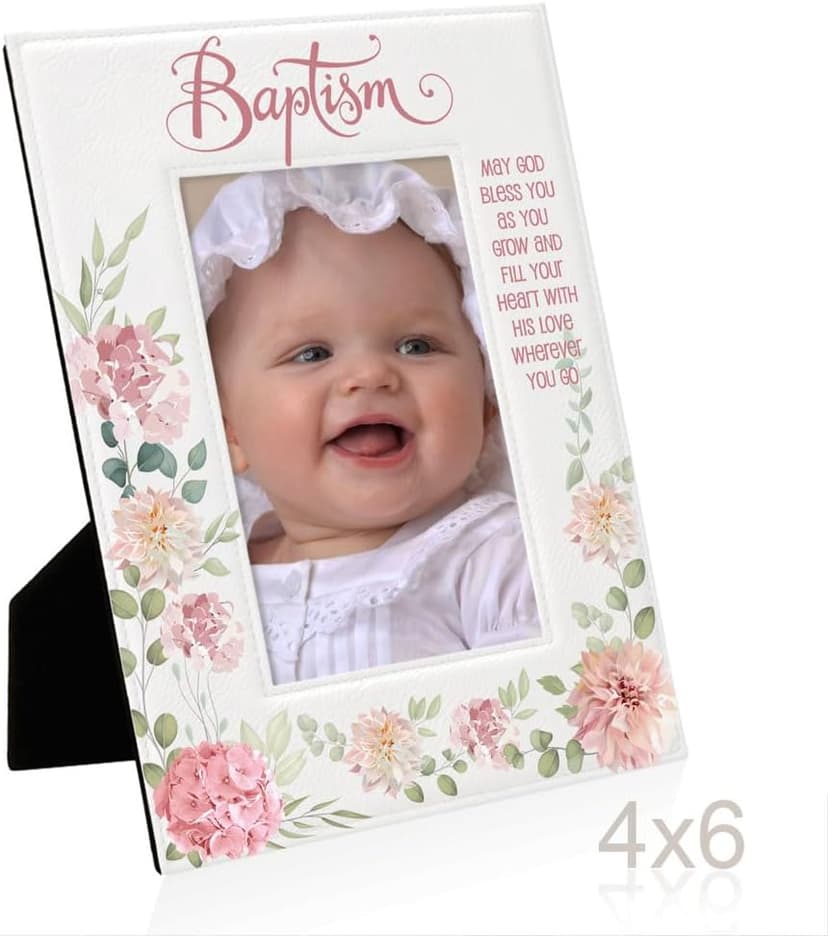 KATE POSH Baptism Picture Frame for Girl, Pink Flowers Decor, Christening, Religisous Gift, From Godparents, New Baby (4x6-Vertical)