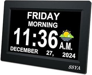 SSYA 7 Inch Calendar Clock - 12 Alarm Options, Level 5 Auto Dimmable Display,Extra Large Impaired Vision Digital Clock with Non-Abbreviated Day & Month (Black)