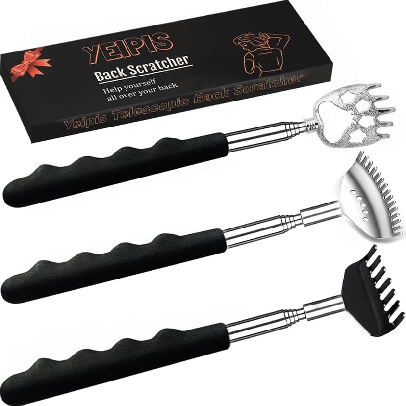 3 Pack Different Back Scratcher Metal Portable Telescoping with Rubber Handles, Extendable Back Massager Tool with Beautiful Box, Stocking Stuffers for Men Women Kids Adults (Black)