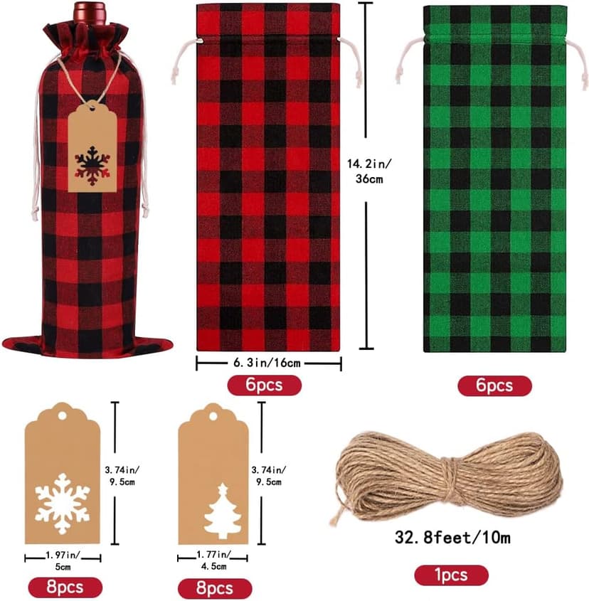 DULEFUN 12pcs Christmas Wine Burlap Bags, Xmas Wine's Bags Classic Buffalo Plaid Wine Bottle Bags Reusable Burlap Xmas wine Bottle Covers Clothes for Christmas New Year Wedding Holiday Parties