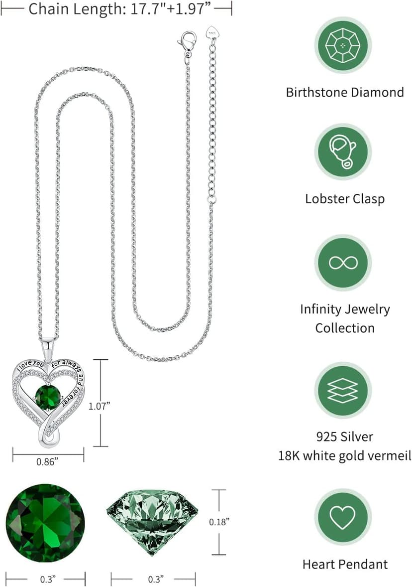 Jewelry for Women Wife Infinity Heart Birthstone I Love You Necklace S925 Anniversary Women Necklaces for Her Wife Birthday Gift Ideas, Birthday Present for Girlfriend Mom Daughter Sterling Silver