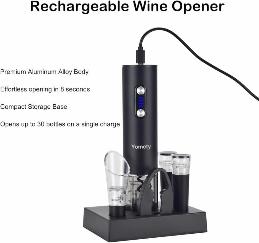 Electric Opener Set With Base, Accessories Including Rechargeable Corkscrew, Aerator, Stoppers and Foil Cutter - Perfect Gifts for Wine Lovers