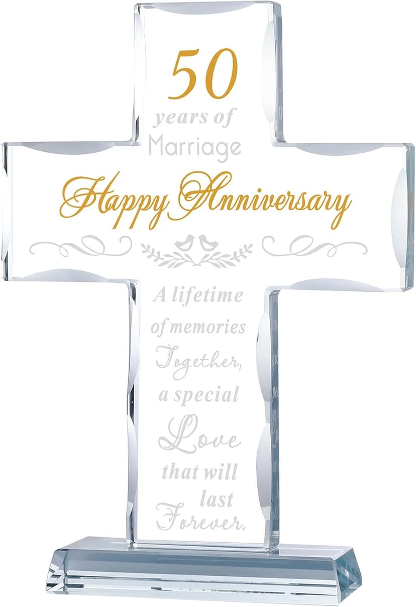 YWHL 50th Wedding Anniversary Religious Cross Gifts for Women Men, 50 Year Anniversary Romantic Gift for Him Her, Laser Engraved Glass Standing Cross Keepsake for Couple, 50 Years of Marriage Present