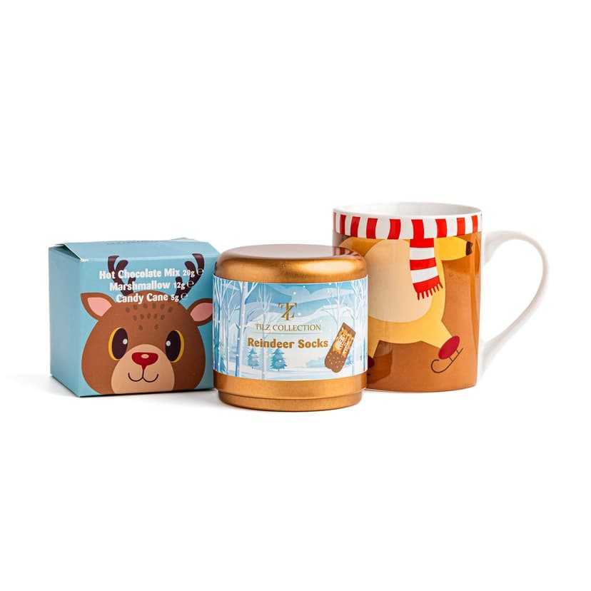 Hot Chocolate Gift Set With Reindeer Mug - Sachets, Mini Marshmallows, Candy Canes and Socks Included