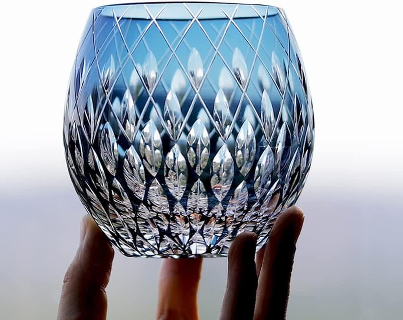 JINZHI Japanese Style EDO Kiriko Whiskey Glasses 11OZ Unique Shape Colored Hand Carved Glass Tumbler for Bourbon Lovers - Style Glassware for Rum - Rocks glasses in Gift Box (Blue)