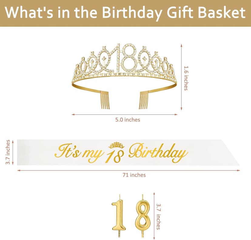 18th Birthday Decorations for Girls with 18th Birthday Sash White and Tiara Gold, Number Candles Gold, 18 Year Old Girl Gifts