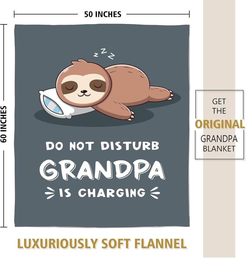 Funny Grandpa Gifts, Grandpa is Charging Sloth Blanket, Grandpas Birthday Gifts, Gift for Grandpas from Grandkids for Christmas Fathers Day, Soft Sloth Blanket for Grandfather 60" x 50"