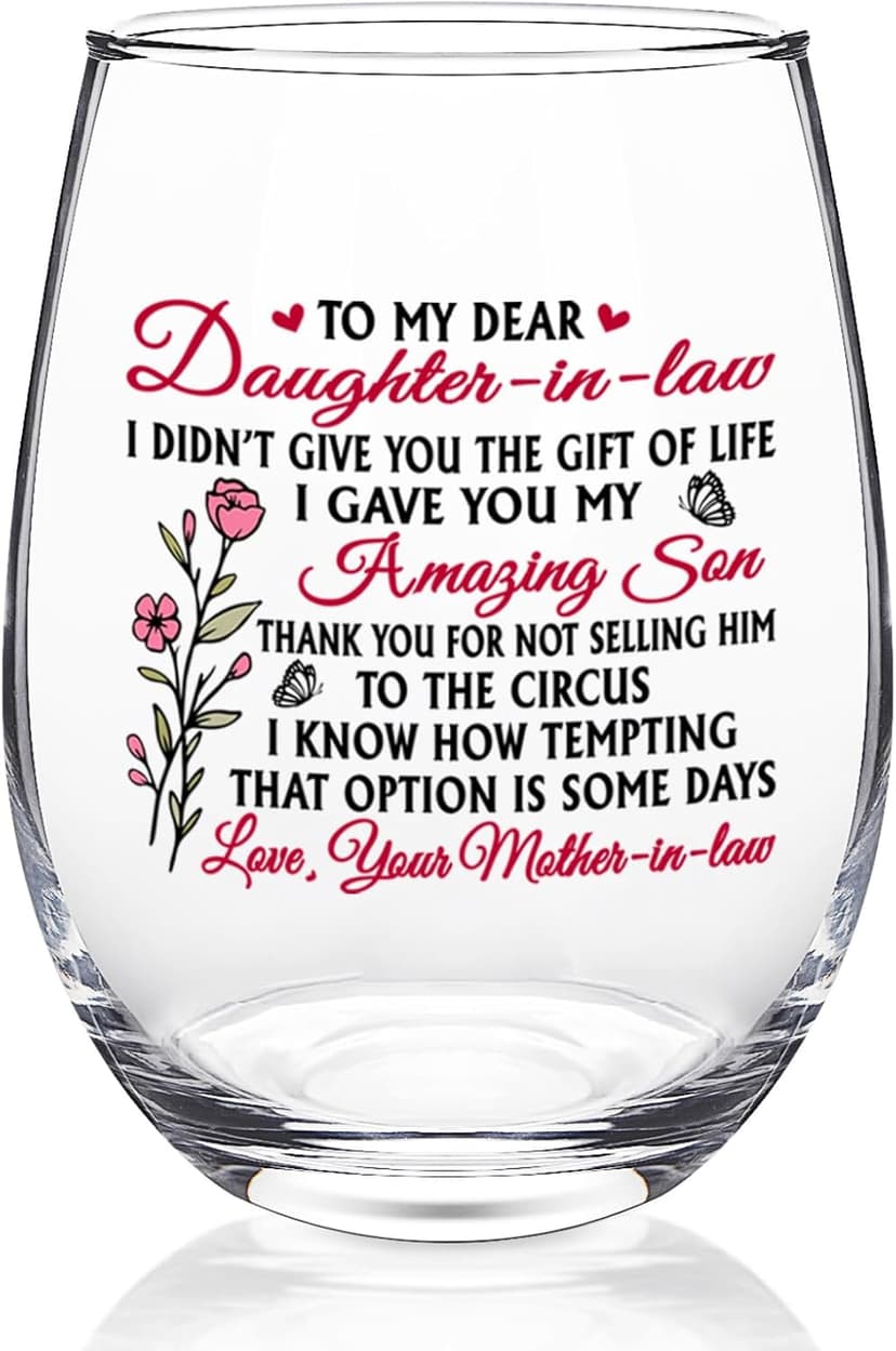 Futtumy Funny Daughter in Law Gifts, To My Dear Daughter-in-laws Stemless Wine Glass for Son's Wife, Mothers Day Birthday Christmas Gifts from Mother-In-Laws, 17 oz