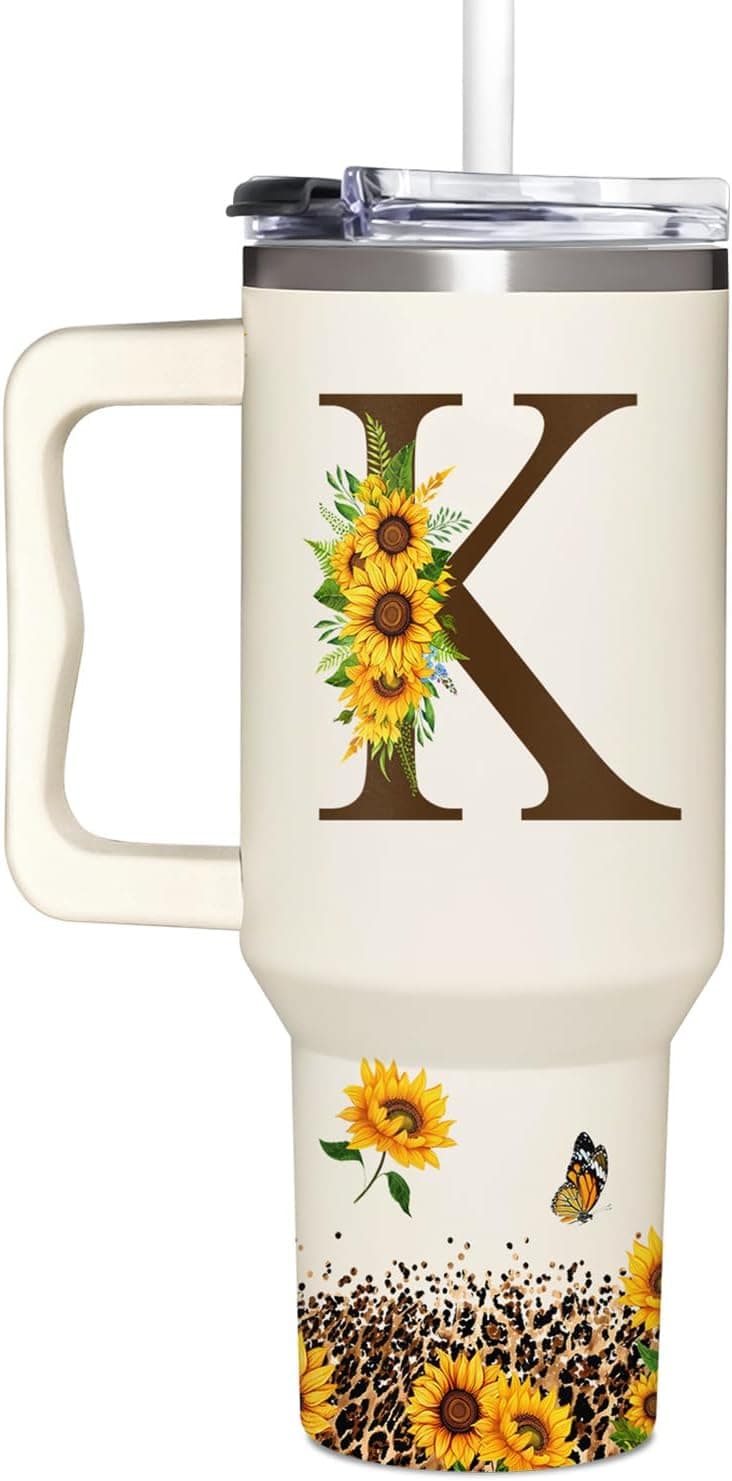 Personalized Birthday Gifts For Women - Sunflower Gifts For Women, Mom - Christmas Gifts For Womens, Mother's Day Gift For Mom, Boss - Monogrammed, Initial Tumbler Handle 40oz W Lids & Straws, K