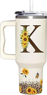 Personalized Birthday Gifts For Women - Sunflower Gifts For Women, Mom - Christmas Gifts For Womens, Mother's Day Gift For Mom, Boss - Monogrammed, Initial Tumbler Handle 40oz W Lids & Straws, K